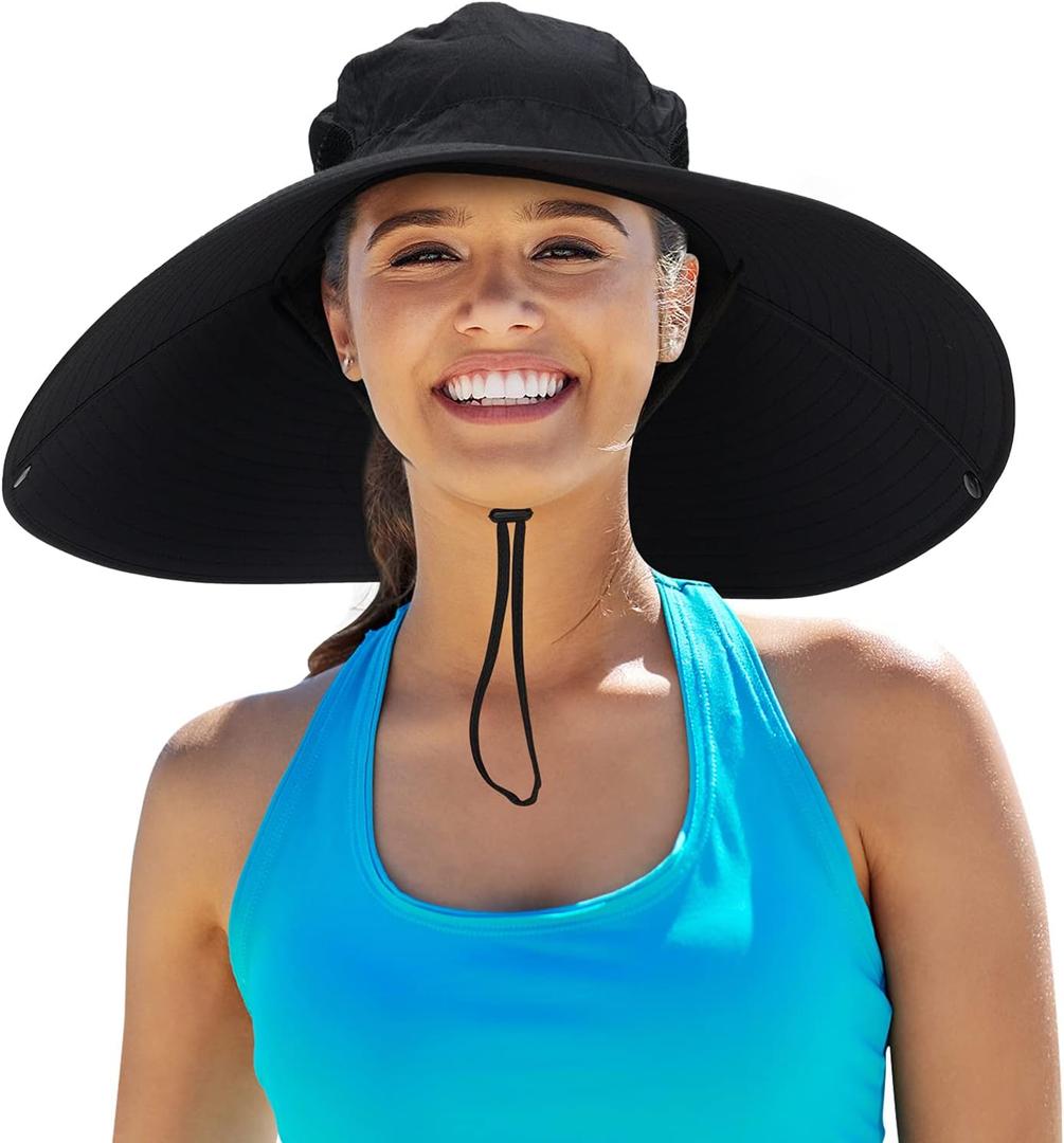 Leotruny Women Super Wide Brim Sun Hat UPF50+ Waterproof Bucket Hat for Fishing, Hiking, Camping (One Size, C04-black)