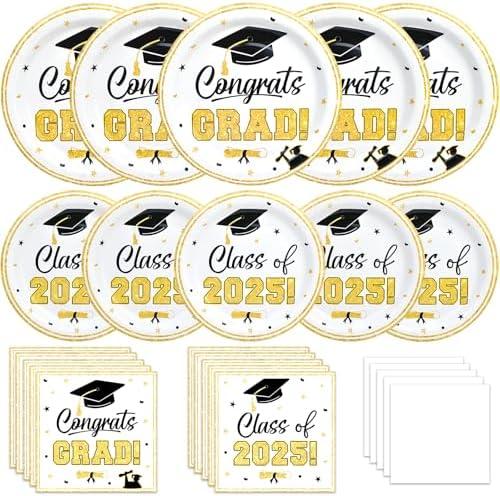 U-PTYTM 200 Pcs Graduation Decorations 2025 Party Decorations Set, White Gold Party Supplies Class of 2025 Disposable Paper Plates and Napkins for College High School Congrats Grad Party, Serve 50