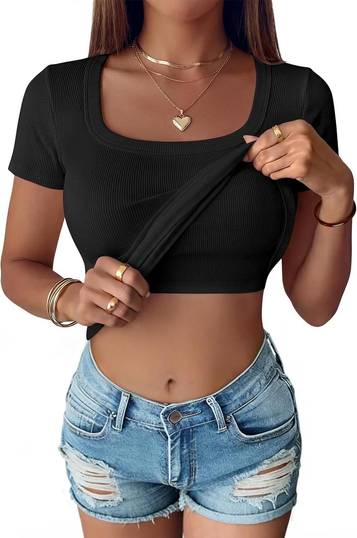 ANRABESS Womens Short Sleeve Tops Built in Bra Summer T Shirts Scoop Neck Ribbed Knit Fitted Basic Tee Casual Going Out Top (Black, L)