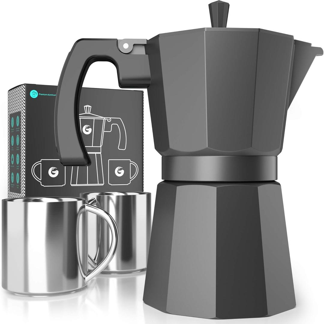 Coffee Gator Moka Pot - 6 Cup, 12oz Stovetop Espresso Maker - Classic Italian and Cuban Coffee Percolator w/ 2 Stainless-Steel Cups  Matte Grey Aluminum, 360ml