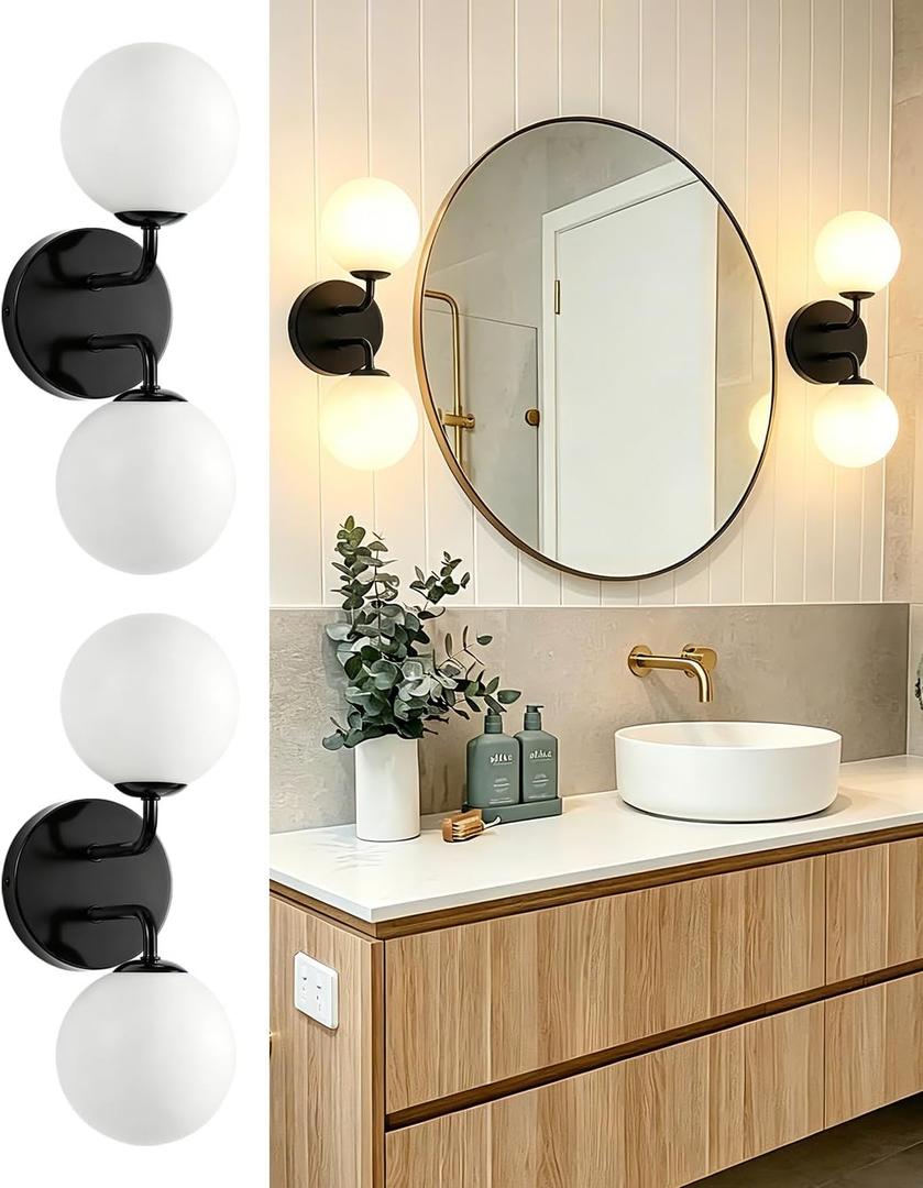 Yunnix Black Bathroom Vanity Light, Modern Globe Vanity Lighting Fixtures with Milk White Glass Shade, Mid Century Vanity Lights Wall Sconce Over Mirror for Bathroom Hallway Entryway (2 Pack)