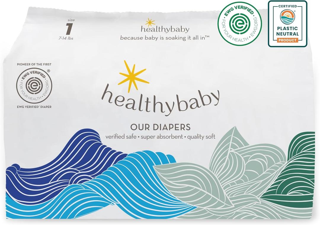 HealthyBaby Non-Toxic Diapers for Sensitive Skin - Size 1, 84 CountEWG Verified & Microbiome-Friendly. Made with organic cotton & plant-derived materials. 12-hour leak protection. TCF.