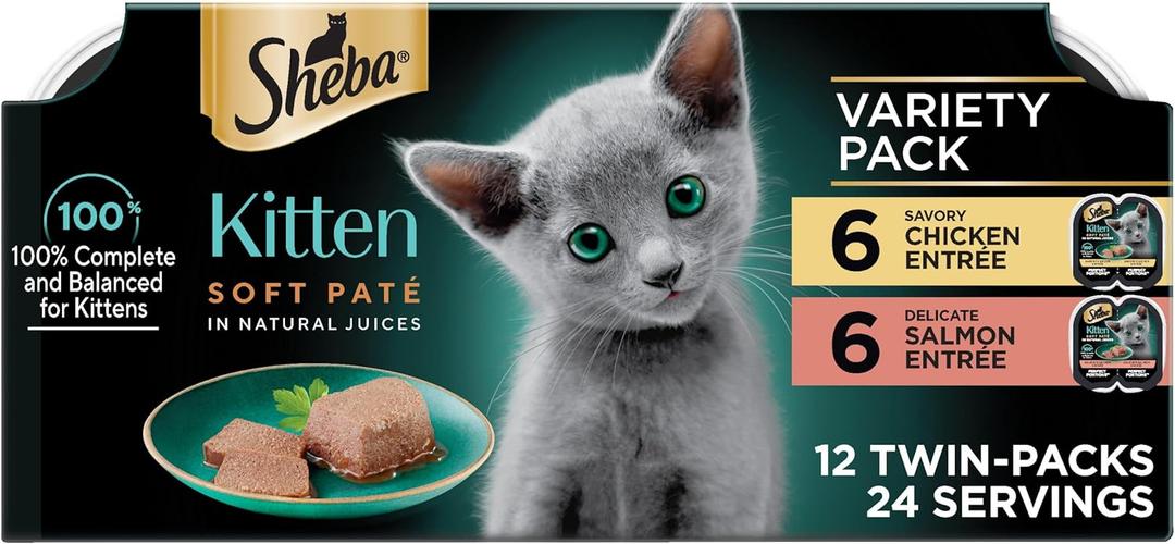 Sheba Perfect Portions Kitten Wet Cat Food Pate Chicken Entree and Salmon Entree, 2.6 oz. Twin-Pack Trays (12 Count, 24 Servings), Best By 09 04 2027