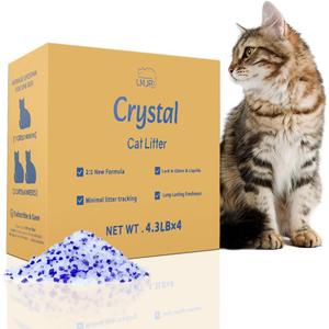 LMJP Crystal Cat Litter with Powerful Odor Control, Non-Clumping, Lasts Up to 4 Months, 17.2lb, Rapid Water Absorption, Unscented & Low Tracking Lightweight Blue & White Silica, 4 Pack of 4.3lb (Classic)