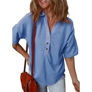 Dokotoo Women‘s Summer Shirts Casual Short Sleeve 1/4 Button Solid Collar Neck Curved Hem Pullover Sweatshirts Tops (Size S, Sky Blue)