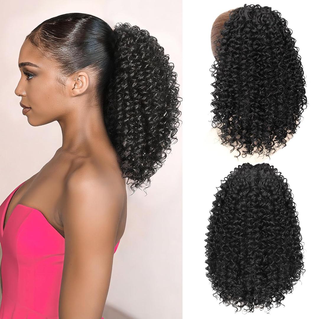 Ponytail For Black Women Drawstring Ponytail Curly Hair Short Ponytail Extension Pony tails Drawstring Hair Pieces Human Hair Feeling For Daily Use (#1B) (Medium)