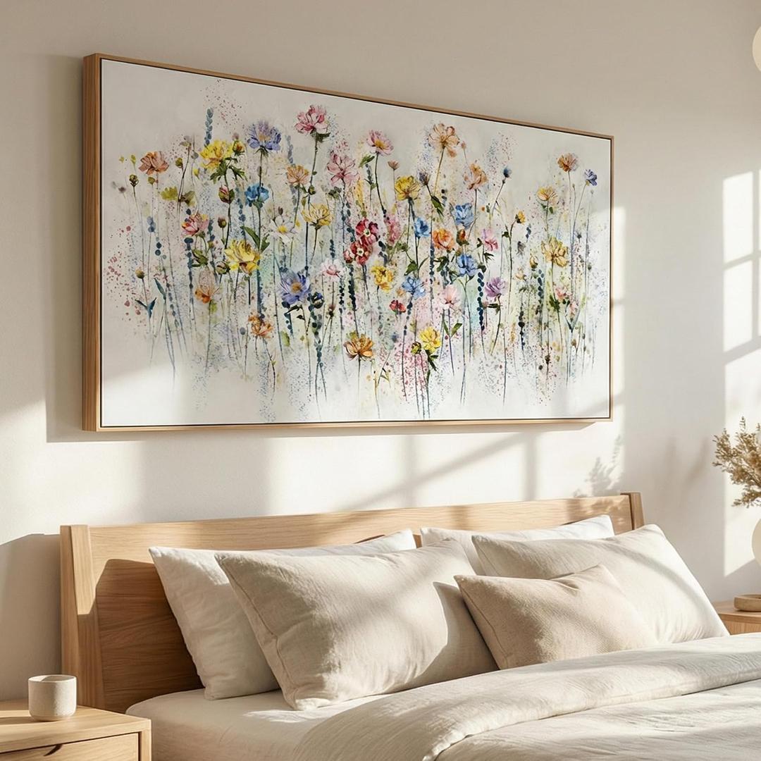 Tucai Decor Framed Wildflower Wall Art Canvas Print Floral Botanical Painting in Pink Blue Yellow Abstract Flowers Pictures Home Decor 20 x 40 Inch Wall Decorations for Living Room Bedroom Ready to Hang