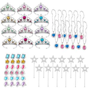 S & E TEACHER'S EDITION 60 Pcs Tiaras Crown Set, Princess Pretend Play Dress Up Set 12 Crowns 12 Wands 24 Rings 12 Nacklaces Princess Jewelry Toys for girls Costume Party Accessories