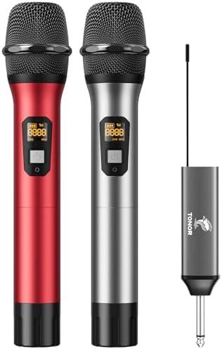 TONOR Wireless Microphones, Cordless Mic with Rechargeable Receiver, 200ft Range UHF Handheld Dynamic Microfonos Inalambricos Professional for Karaoke Singing Party Wedding Church TW630 Silver&Red