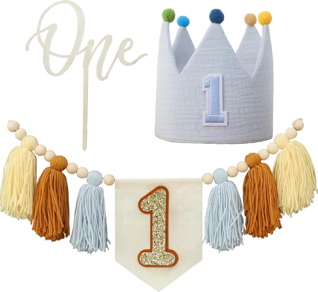 Baby 1st Birthday Party Decorations For Handmade Blue Tassel Garland Highchair Banner With Cake Topper Crown Hat (Yellow Brown Blue)