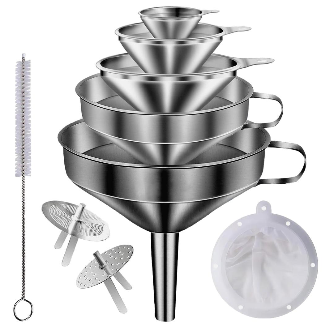 Stainless Steel Funnels for Kitchen use,5 Different Sizes of Kitchen funnels,Metal Funnel with 2 Removable Strainer,Cleaning Brush,200 Mesh Food Filter,for Transferring of Liquid,Oils,Jam