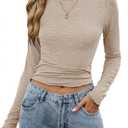 Halife Womens Long Sleeve Tops Crew Neck Slim Fitted T Shirts Basic Tees Lettuce Trim Raglan Shirt Fall Fashion Outfits (Beige, L)