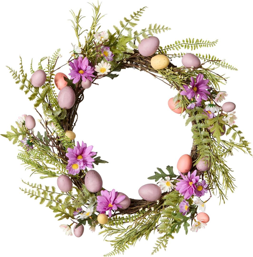 National Tree Company 22 in. Pink Eggs, Flowers and Ferns Easter Wreath, Artificial Spring Wreath with Pink & Pastel Easter Eggs, Indoor or Covered Outdoor Décor