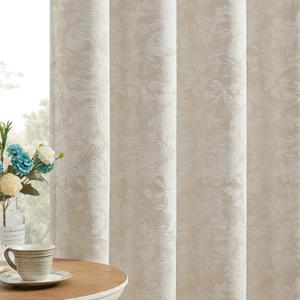 Beauoop Beige Floral Jacquard Blackout Curtains 120 Inches Long 2 Panels for Bedroom Living Room Taupe Flower Chenille Room Darkening Thermal Soundproof Grommet Window Treatments Drapes 52x120