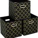 Fabric storage bins Cubes, Fabric Cube Organizer with Handle, Foldable Cube Bins for Cloth or Accessary Storage, 11x11x11, Set of 3, (Black Gold)