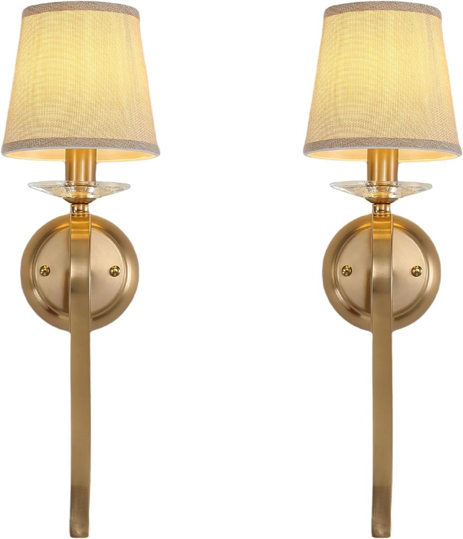 Set of 2 Gold Wall Sconce Light Fixtures, 1-Light Mid Century Modern Vanity Lighting with Conical Fabric Shade, Graceful Curved Iron Arm, Crystal Accent, Indoor Classic Wall Mounted Lamps (Linen)
