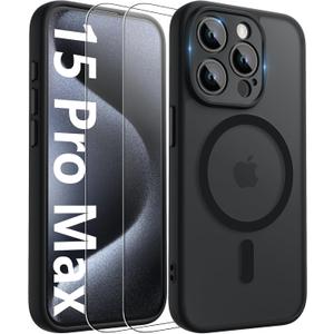 Innaght Magnetic for iPhone 15 Pro Max Case[Compatible with MagSafe][Camera Protection][2+Full Coverage Tempered Glass Screen Protector][Translucent Matte] Drop Protection Phone Case,6.7",Black