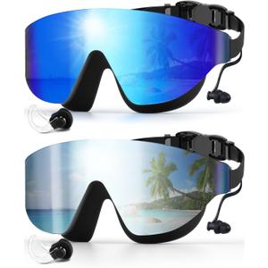 Swim Goggles, Frameless Wide View Swimming Goggles, Anti-Fog Anti-UV No Leaking Pool Goggles for Men Women Adult (Blue & Silver)