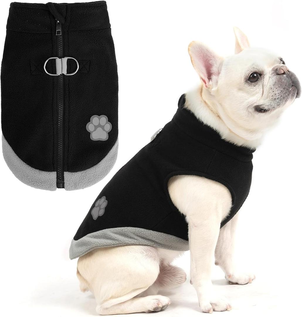 Mihachi Dog Fleece Vest Sweater Zip Up Warm Pullover Step-in Dog Jacket with Dual D-Ring Leash, Winter Cold Weather Reflective Coat Clothes Hoodie for Small Medium Dogs Puppy Cat Boy Girl, Black L 