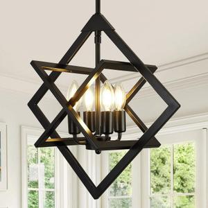 18" Black Chandelier, 4-Light Farmhouse Geometric Ceiling Dining Room Fixture, Modern Rustic Foyer Lighting Fixtures, Industrial Hanging Light Fixture Pendant Lights for Kitchen Island, Entryway (Matte Black-18"(Easy to install))