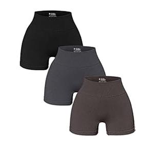OQQ Women's 3 Piece Yoga Ribbed Seamless Workout High Waist Athletic Legging Shorts, Black Grey Tea Leaf, Large