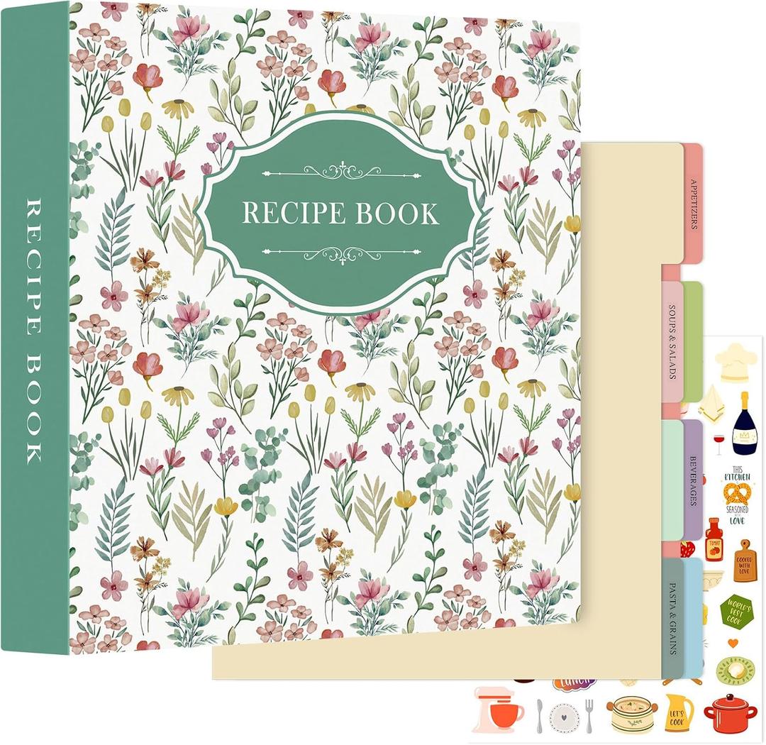 Lanpn Recipe Binder 8.5x11 3 Ring Kit, Blank Organizer Recipe Binder Waterproof Cookbook to Write in Your Own Recipes with 60 Plastic Sleeves,116 Recipes, Dividers,Labels & Stickers, Green