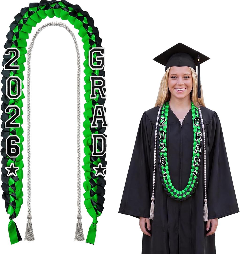 Cindeer 2026 Graduation Ribbon Lei Set Handmade Braided Necklace Honor Cord with Tassel 2026 Grad Embroidery Patches for High School College Graduation Party Supplies(Black, Green)