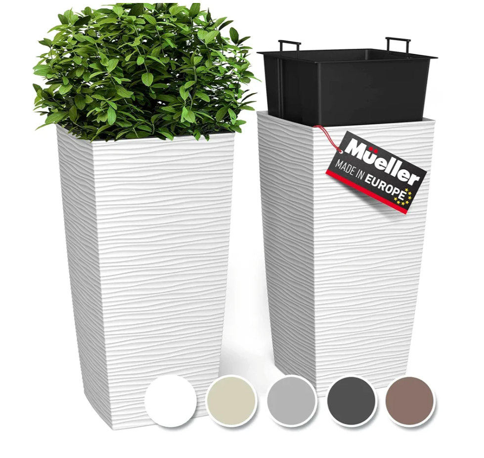 Mueller M-Resin Heavy Duty Tall Planters for Outdoor Plants, Indoor Grande Plant Pots, Boxes, Trees, Flower Pots, 2-Piece Set, 24”, Modern Design, Built-in Drainage, Front Porch Decor, White