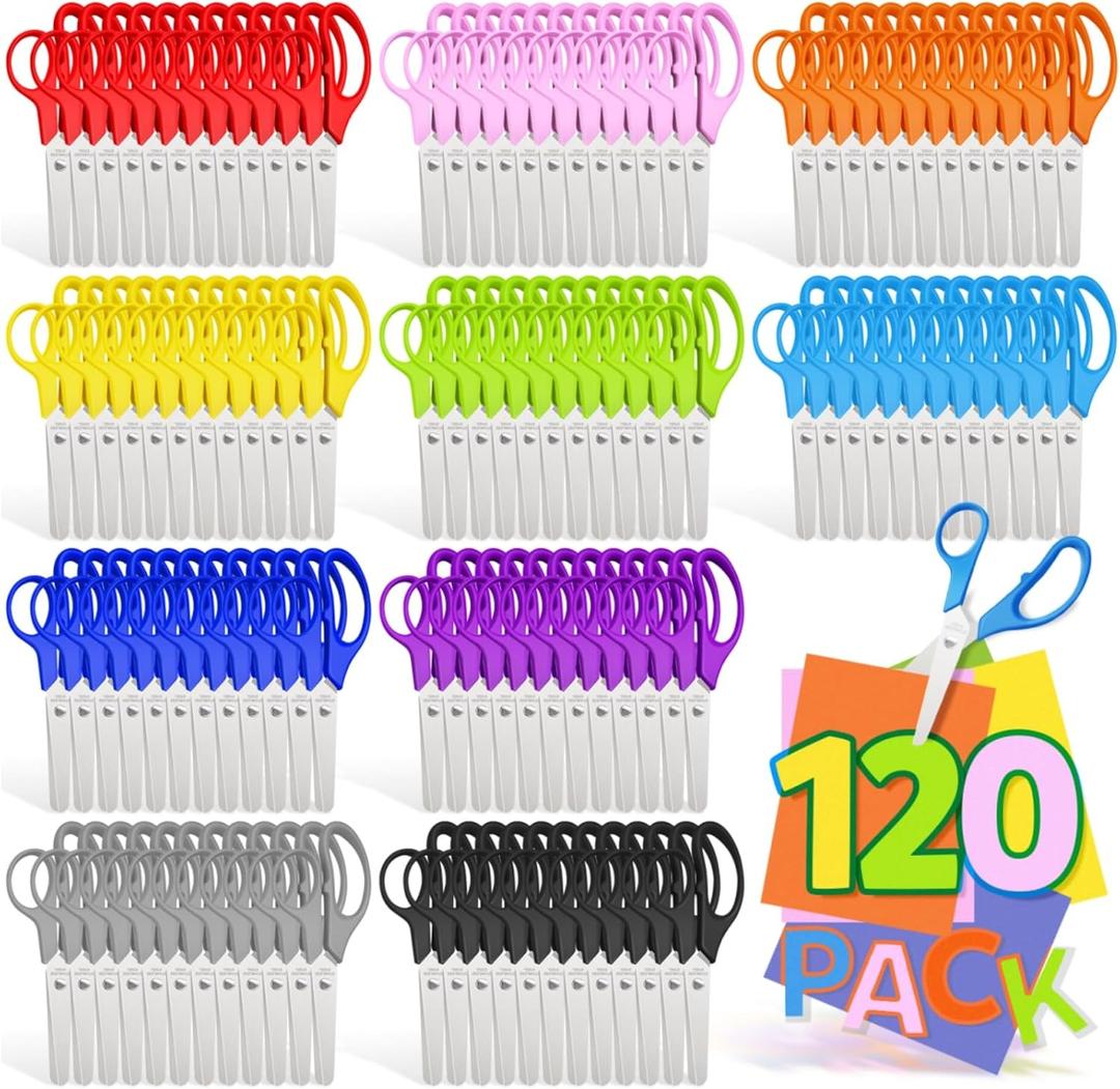 120 Pack Kids Scissors Bulk - 5" Safety Blunt Tip Craft Scissor for Preschool Kindergarten Elementary Classroom Cutting Paper, Comfort Grip, Back to School Supplies for Child Student Teacher,10 Colors