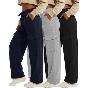 3 Pack Women's Cargo Sweatpants Wide Leg Baggy Elastic Drawstring Pants Casual Athletic Joggers with 4 Pockets (X-Large, Navy Blue, Light Mixed Gray, Black)