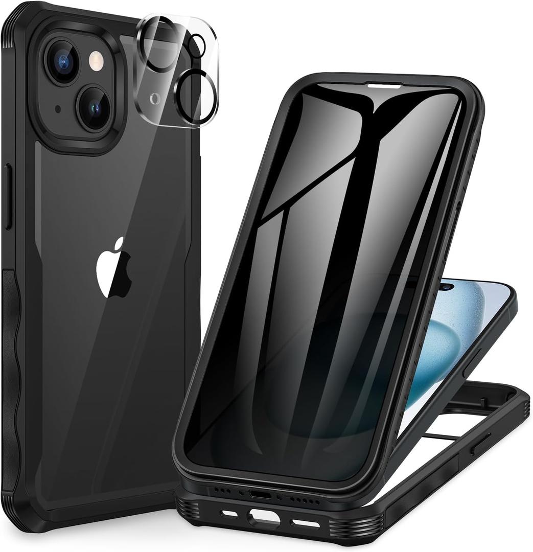 CENHUFO Privacy for iPhone 15 Case, Full Body Phone Case with Built-in 9H Tempered Glass Privacy Screen Protector and Camera Lens Protector, Anti Peep Spy Shockproof Bumper Clear Cover - Black