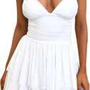 eoeoo Women's Sexy V Neck Ruffled Hem Mesh Sleeveless Ruched Spaghetti Strap Flowy Mini Dress (White, XS)