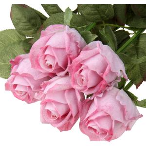 Artificial Realistic Roses Pink Flowers 24" Real Touch Silk Roses Bouquet Long Stems Rose Fake Roses Decor for Home Party Wedding Table Centerpieces Roses Realistic - 5 Pcs