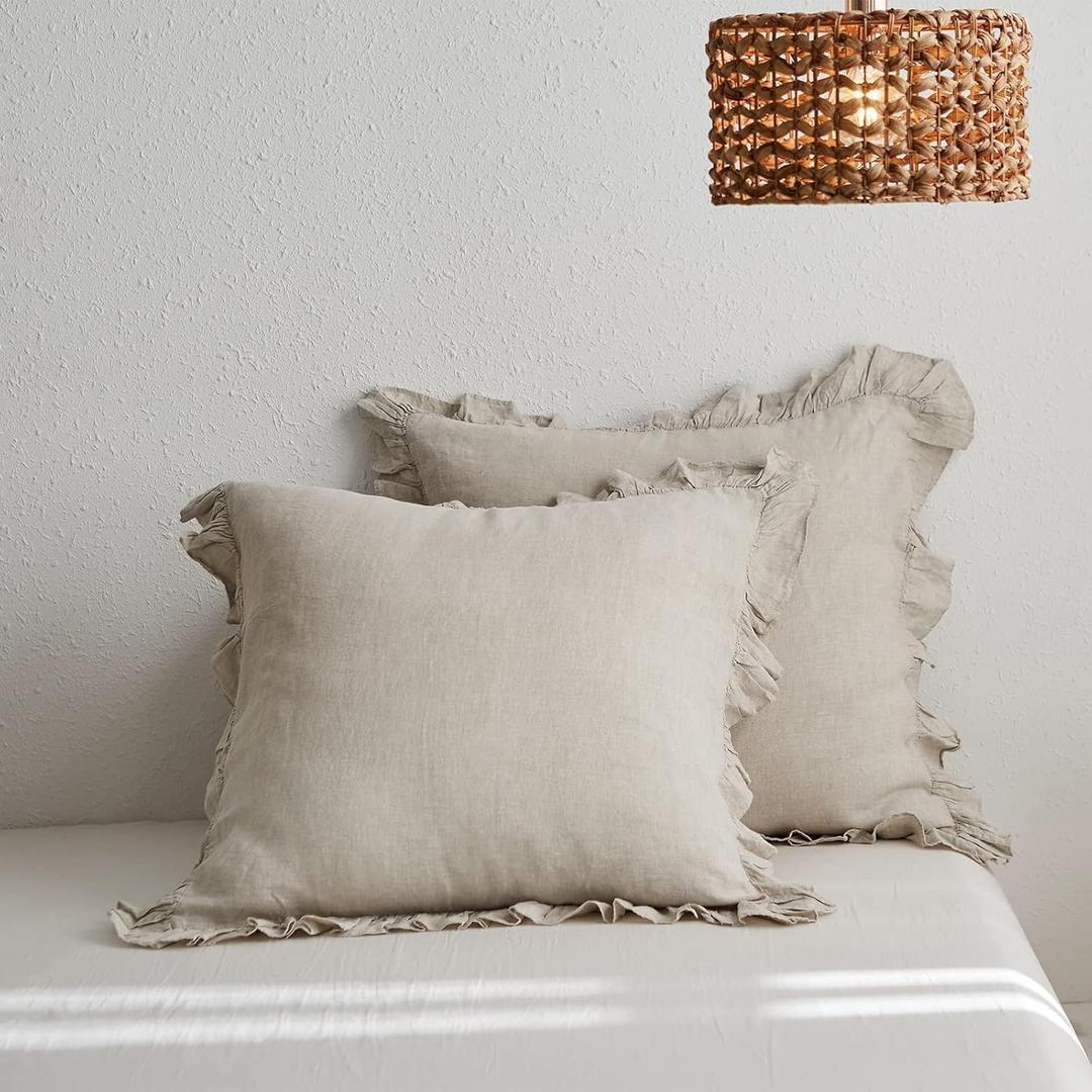 Simple&Opulence 100% Linen Euro Sham Covers with Ruffle, 26x26 Inch Pillow Covers Set of 2, Euro Pillow Shams for Bed Couch French Home Decor Luxury and Breathable Square Pillow Cases, Natural Linen