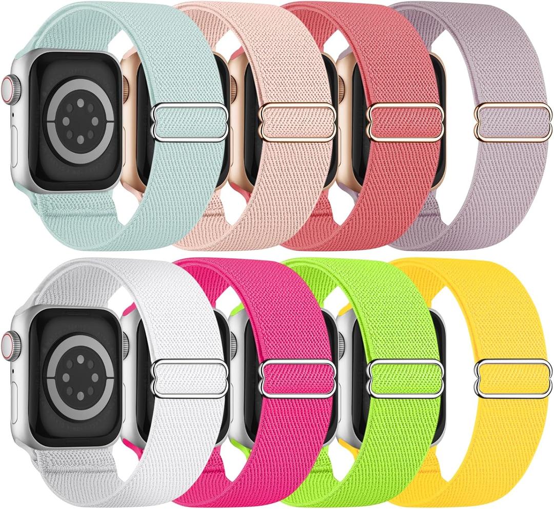 8 Pack Stretchy Solo Loop Band Compatible with Apple Watch Bands for Women Men Nylon Braided Elastic Strap for iWatch (Yellow/Hot Pink/Succulent/Lavender/Light Pink/Bright Green/White/Peach Red), Size: 38mm/40mm/41mm/42mm(Series 10)