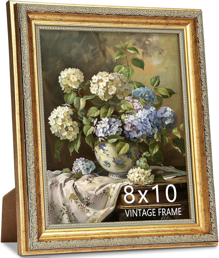 8x10 Picture Frame, Ornate Vintage Gold Photo Frames with HD Glass for Wall Hanging and Tabletop Display, 8 x 10 Antique Photo Frame with Distressed Rust-Like Finish, Retro Home Decor