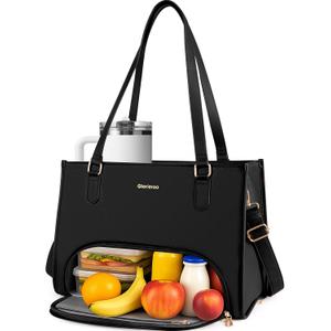 Laptop Tote Bag with Lunch Compartment for Women - 15.6 Inch Computer Vegan Leather Work Bag Handbag, Large Insulated Leakproof Lunch Box Bag with Shoulder Strap