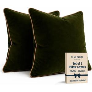 2 Pack Velvet Decorative Throw Pillow Covers, 20"x20", Green and Camel, Solid, Modern, Contrast Piping, Indoor Use, Bedroom & Living Room