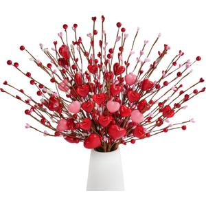 Childom Valentines Day Decorations,6 Pcs Artificial Flowers Heart Picks with Berries Red Pink Flowers for Valentines Day Tree Mothers Day Decorations for Home Office Room Table Anniversary Party Decor