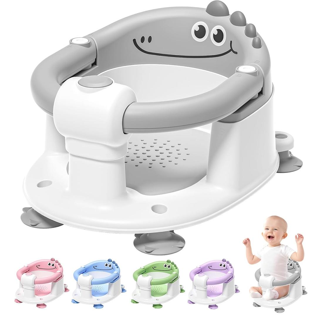 TPN Baby Bath Seat for Babies 6 Months & Up, Non-Slip Toddler Bath Seat with 5 PCS Waterproof Emoji Stickers, Portable Infant Bath Seat for Baby(Grey)