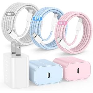 Hzevn 20W USB C Fast Charging for iPhone 17 Air/16/15 Pro Max,2Pack Colorful Mixed Charger Block with Braided Long USB C to C Cables (6/6/10ft) Compatible with iPhone16/15 Pro/15 Plus/iPad Pro
