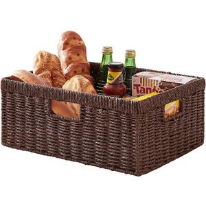 OIAHOMY Wicker Basket, Paper Shelf Basket with Built-in Handles, Rectangular Wicker Storage Bin for Pantry, Shelves, 1 Pack-Brown
