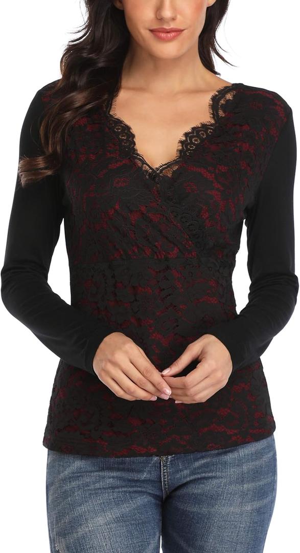 MISS MOLY Women's Scallop V Neck Sexy Sleeveless Lace Tank Top Elegant Slim Fit Summer Tops Blouse Shirts (#3-wine Red), Medium