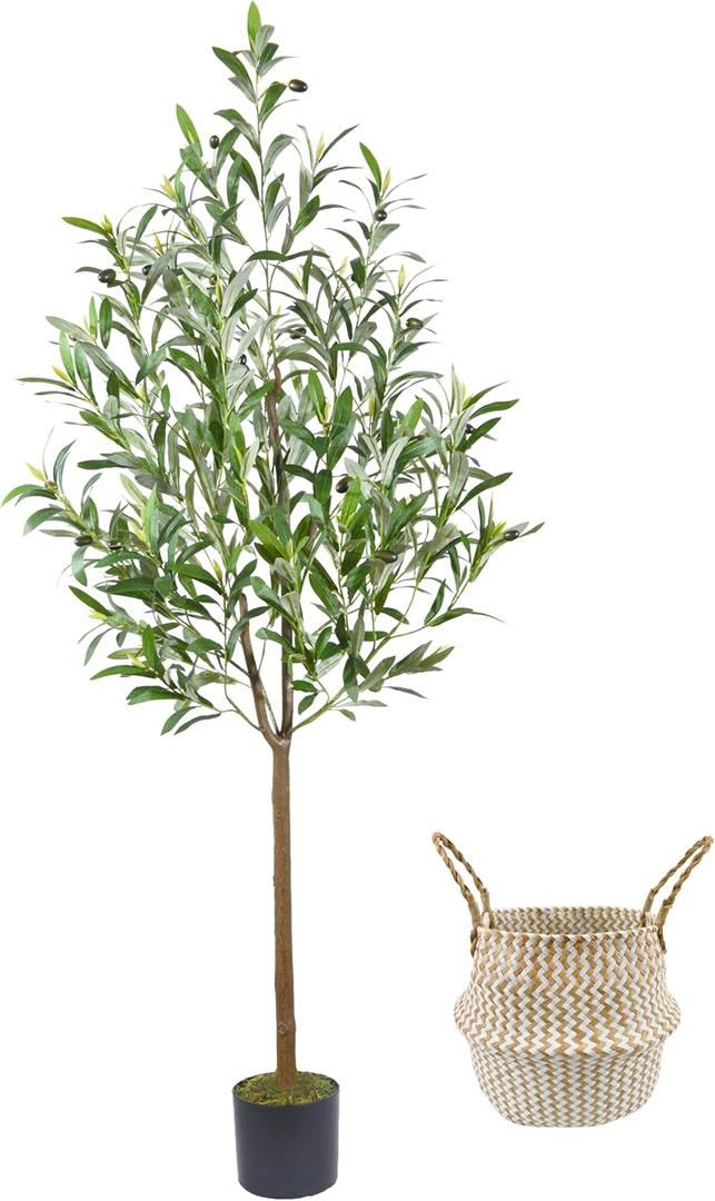 Warmplants Artificial Olive Tree, 4ft Tall Fake Olive Leaves Plant with Basket, Indoor Outdoor Faux Olive Topiary Silk Tree for Home Livingroom Office Décor