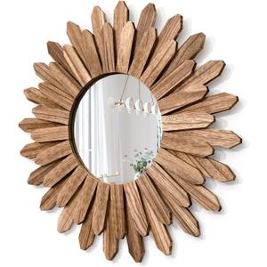 Honiway Mirror Wall Decor 21 inch Rustic Wood Boho Aesthetic Mirror for Room & Home Decor Farmhouse Wall Decor at Living Room Bedroom Carbonized Black