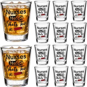 Patelai 12 Pcs Nurse Need Shots Too, Funny Glass Gift for Women and Male Mom Sister or Friend Present for Nursing Graduation Nurses Day Party 2 oz (2.36 x 1.97 Inch)