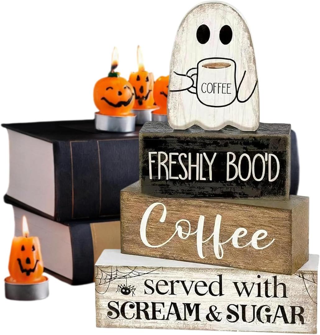 4 Pcs Halloween Table Decorations, Wooden Ghost Coffee Bar Decor, Fall Farmhouse Tiered Tray Signs, Rustic Boo Tabletop Centerpiece for Home Kitchen Office Shelf