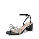 DREAM PAIRS Women's Double Bowknots Crystal Sandals Low Chunky Heels Clear Slingback Dress Shoes for Wedding Bridal Party,Size 8,Black,DWUMHS2559