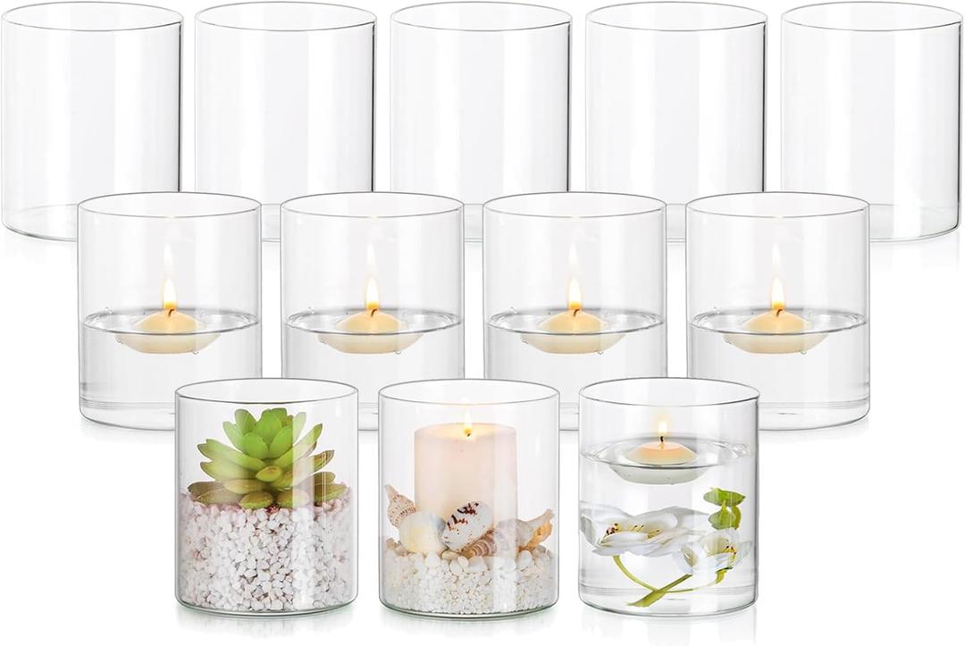 Hewory Glass Hurricane Candle Holder Set of 12, Clear Glass Candle Holders for Pillar Candles Floating Candles, 4 inch Cylinder Hurricane Vases for Centerpieces Wedding Christmas Home Decor