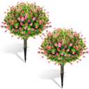 Yunlly 6 Pcs Outdoor Artificial Topiary Ball Trees 22" with Colorful Flowers, Boxwood Fake Bushes Shrubs with Spike, UV Resistant Evergreen Plants for Front Porch Garden Decor (Light Pink)